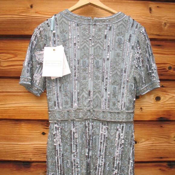 Mac Duggal 5980 Blue High Neck Short Sleeve Crystal Fringe Column Dress - Picture 11 of 15